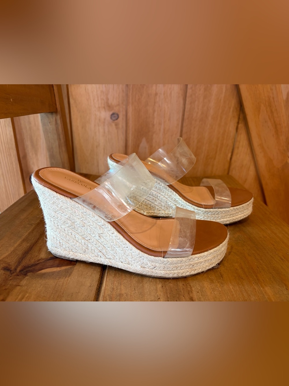 Clear Double-Strap Espadrille Wedge Sandals - Tan